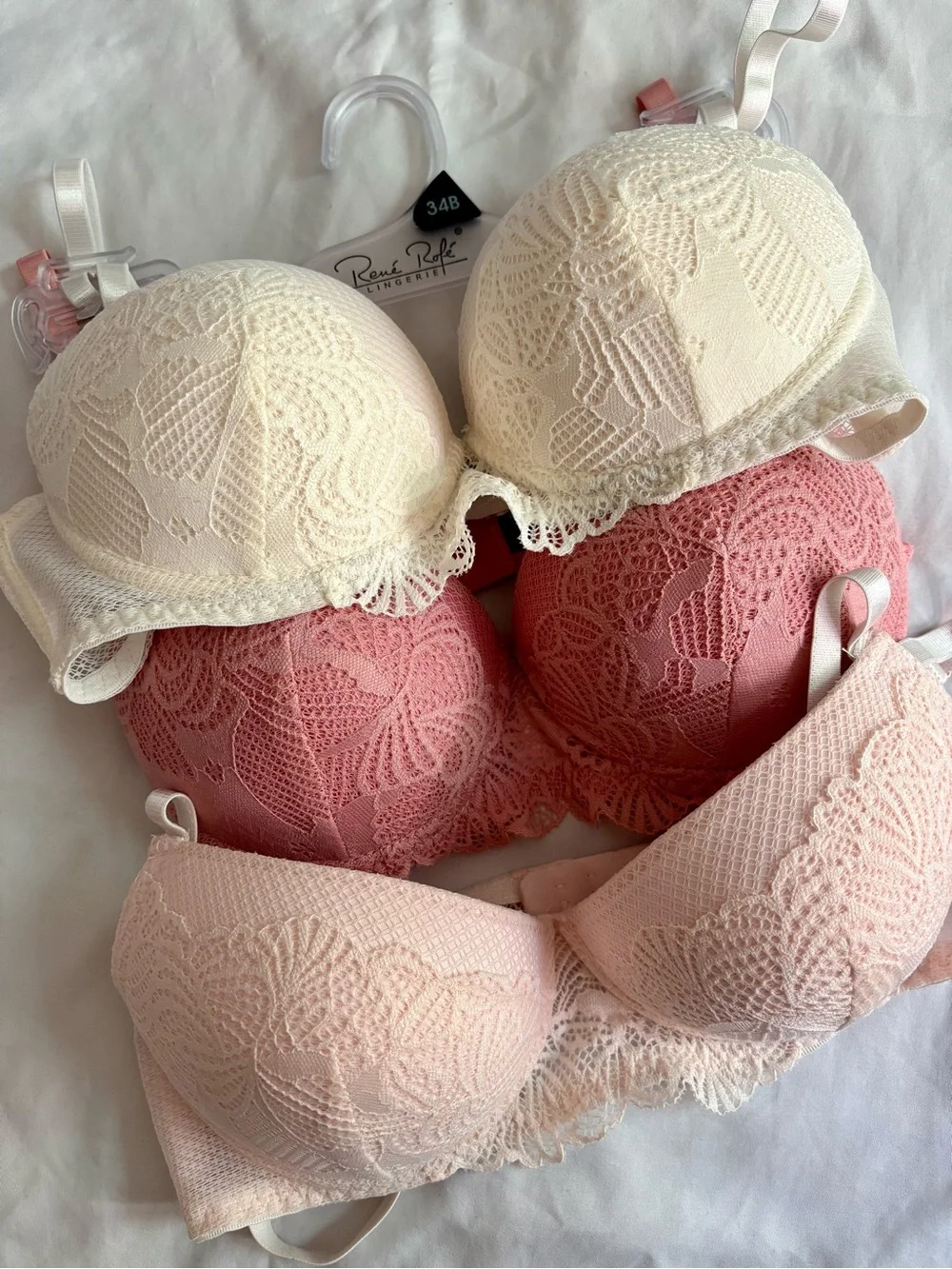Rene Rofe Lace Push-Up Bra Trio — Ivory, Rose, Blush Size 34B - Picture 7 of 8